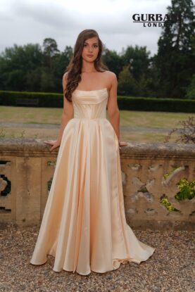 Butter Yellow Satin Corset A-Line Prom Dress with Train – G2812