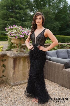 Black Nude Beaded Feather Mermaid Prom Dress – G2545