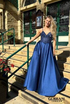 Navy Embellished Corset Satin Ball Gown Prom Dress – G2580