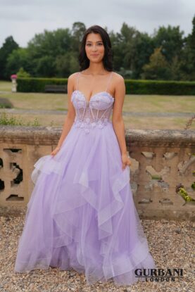 Lilac Floral Embellished Layered Tulle Ball Gown Prom Dress – G2619