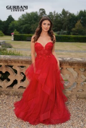 Red Floral Embellished Layered Tulle Ball Gown Prom Dress – G2619