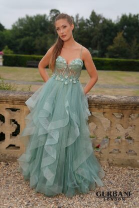 Sage Floral Embellished Layered Tulle Ball Gown Prom Dress – G2619