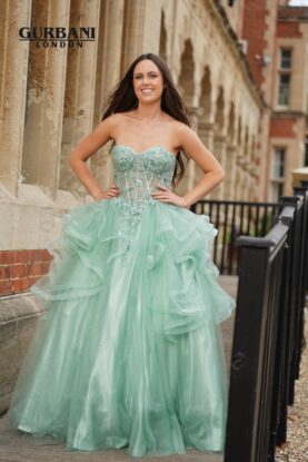 Sage Embellished Corset Ruffle Tulle Ball Gown Prom Dress – G2631