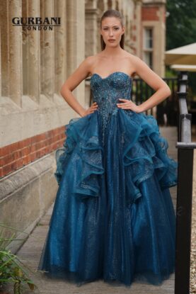 Teal Embellished Corset Ruffle Tulle Ball Gown Prom Dress – G2631
