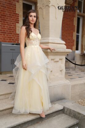 Lemon Yellow Floral Corset Layered Tulle Ball Gown Prom Dress – G2650