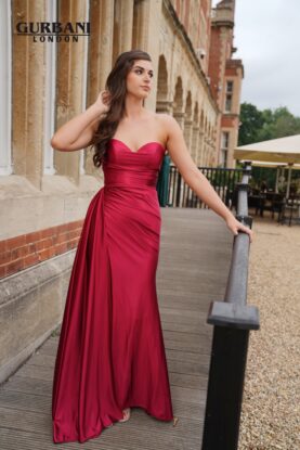 Burgundy Satin Corset Fitted Prom Dress with Slit – G2674