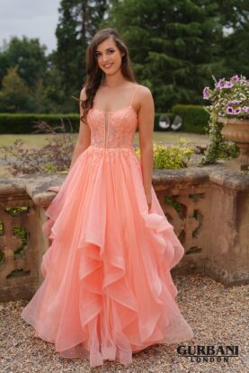Tangerine Floral Corset Layered Tulle Ball Gown Prom Dress – G2702