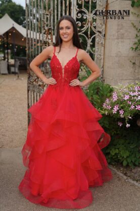 Red Floral Appliqué Layered Tulle Prom Dress – G2704