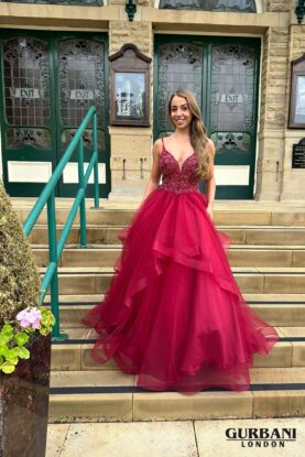 Burgundy Floral Embellished Tulle Ball Gown Prom Dress – G2803
