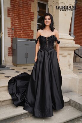 Black Floral Corset Satin A-Line Prom Dress with Train – G2809