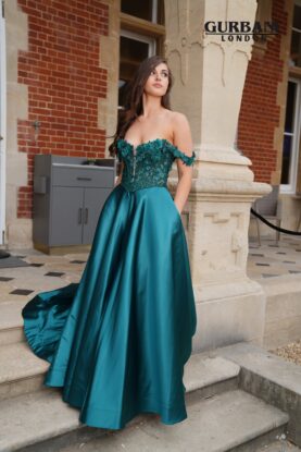 Emerald Floral Corset Satin A-Line Prom Dress with Train – G2809