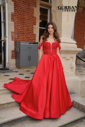Red Floral Corset Satin A-Line Prom Dress with Train – G2809