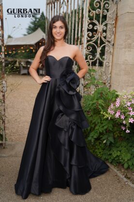Black Satin Ruffle A-Line Prom Dress with Rosette – G2810