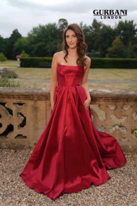 Wine Red Satin Corset A-Line Prom Dress with Train – G2812