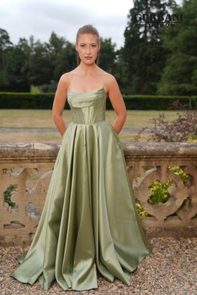 Sage Satin Corset A-Line Prom Dress with Train – G2812