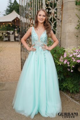 Mint Sequin Floral Corset Tulle Prom Dress – G2819