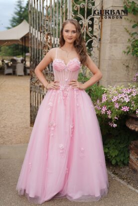 Pink Floral Corset Tulle A-Line Prom Dress – G2826