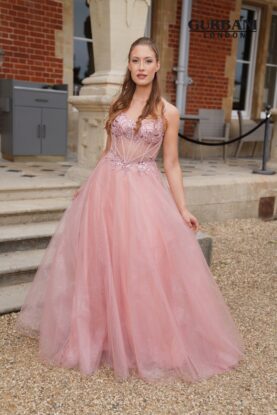 Rosewood Floral Corset Tulle Ball Gown Prom Dress – G2827