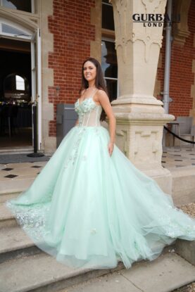 Apple Green Floral Appliqué Corset Tulle Prom Dress with Train – G2841