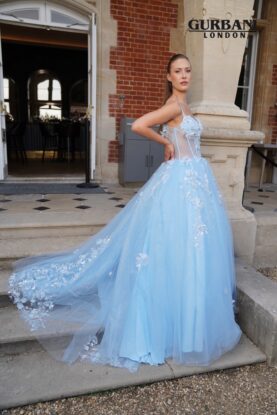 Sky Blue Floral Appliqué Corset Tulle Prom Dress with Train – G2841