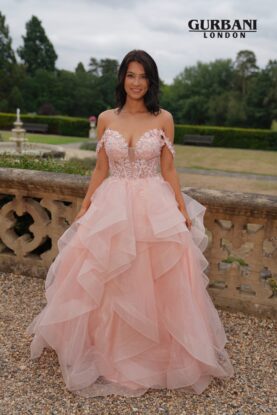 Peach Off-Shoulder Floral Appliqué Tulle Prom Dress – G2844