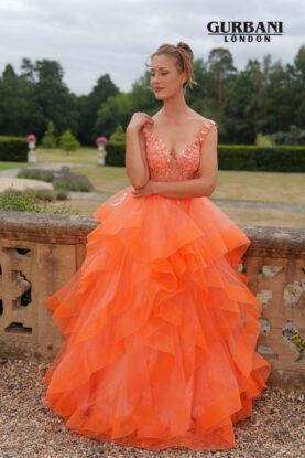 Tangerine Off-Shoulder Floral Appliqué Tulle Prom Dress – G2844
