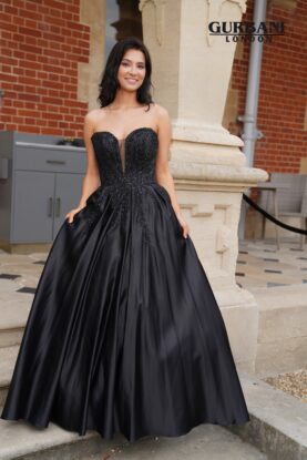 Black Beaded Corset Satin A-Line Prom Dress – G2846