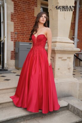 Red Beaded Corset Satin A-Line Prom Dress – G2846