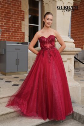 Burgundy Floral Appliqué Corset Tulle Prom Dress – G2853