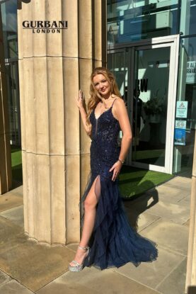 Navy Sequin Corset Tulle Prom Dress with Slit – G2854