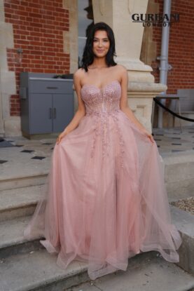 Rose Embellished Corset Tulle Prom Dress with Illusion Neckline – G2861