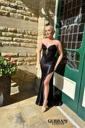 Black Strapless Corset Satin Prom Dress with Slit – G2881