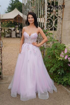 Pink Multi Floral Corset Tulle Prom Dress – G2886